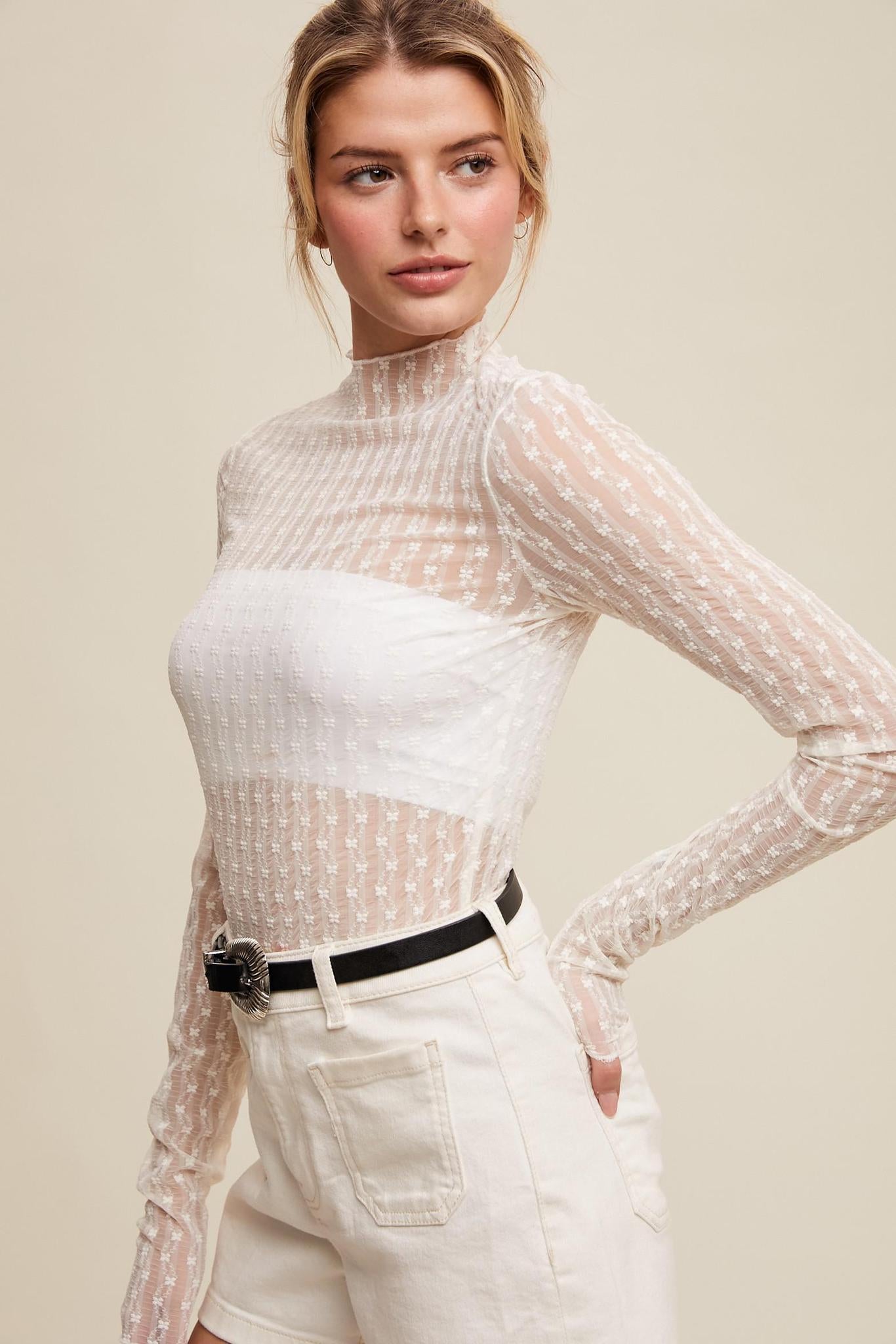 Sheer Textured Lace Long-sleeve Top
