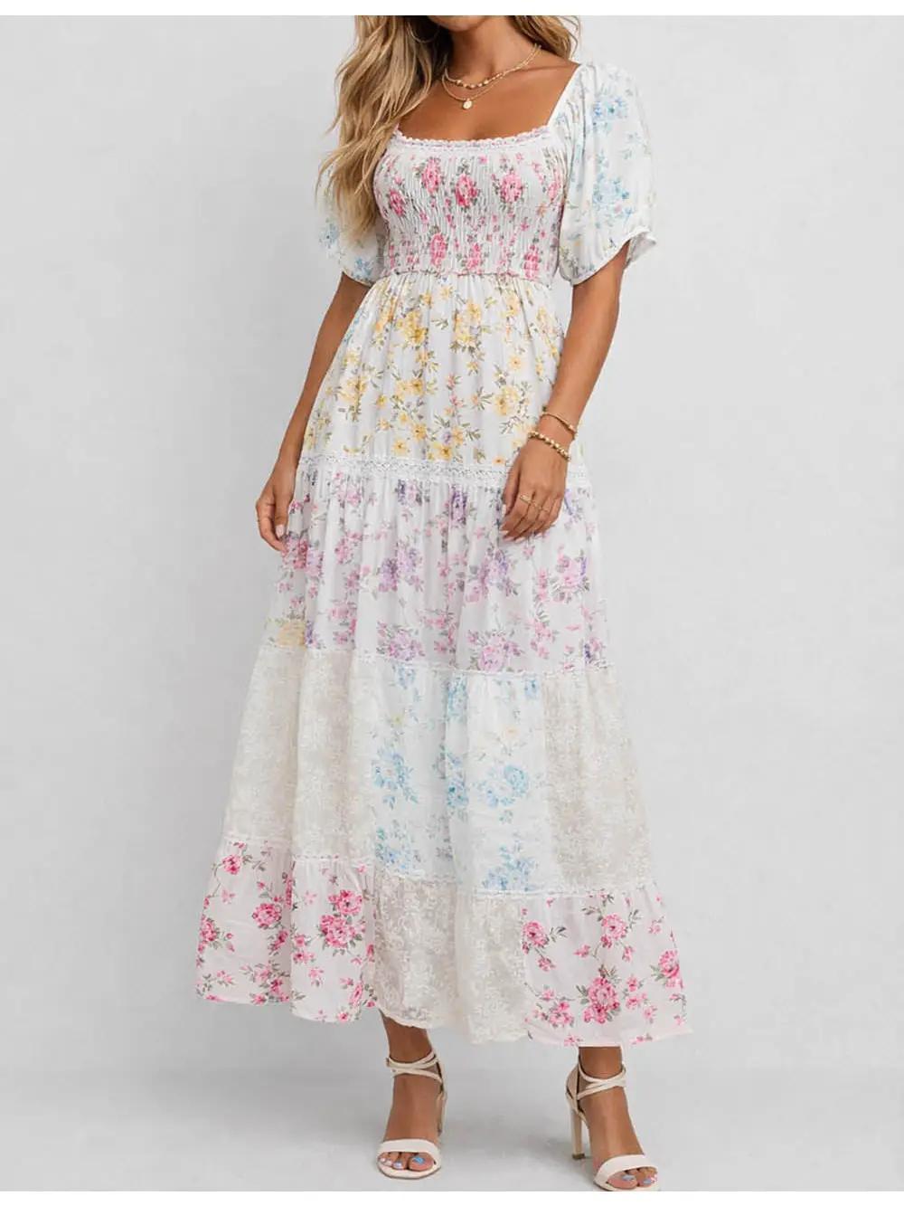 Boho Floral Print Square Neck Puff Sleeves Maxi Dress