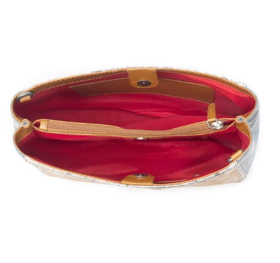 Safari Glow Leather Bag for Women in Brown with metallic detail and shoulder strap