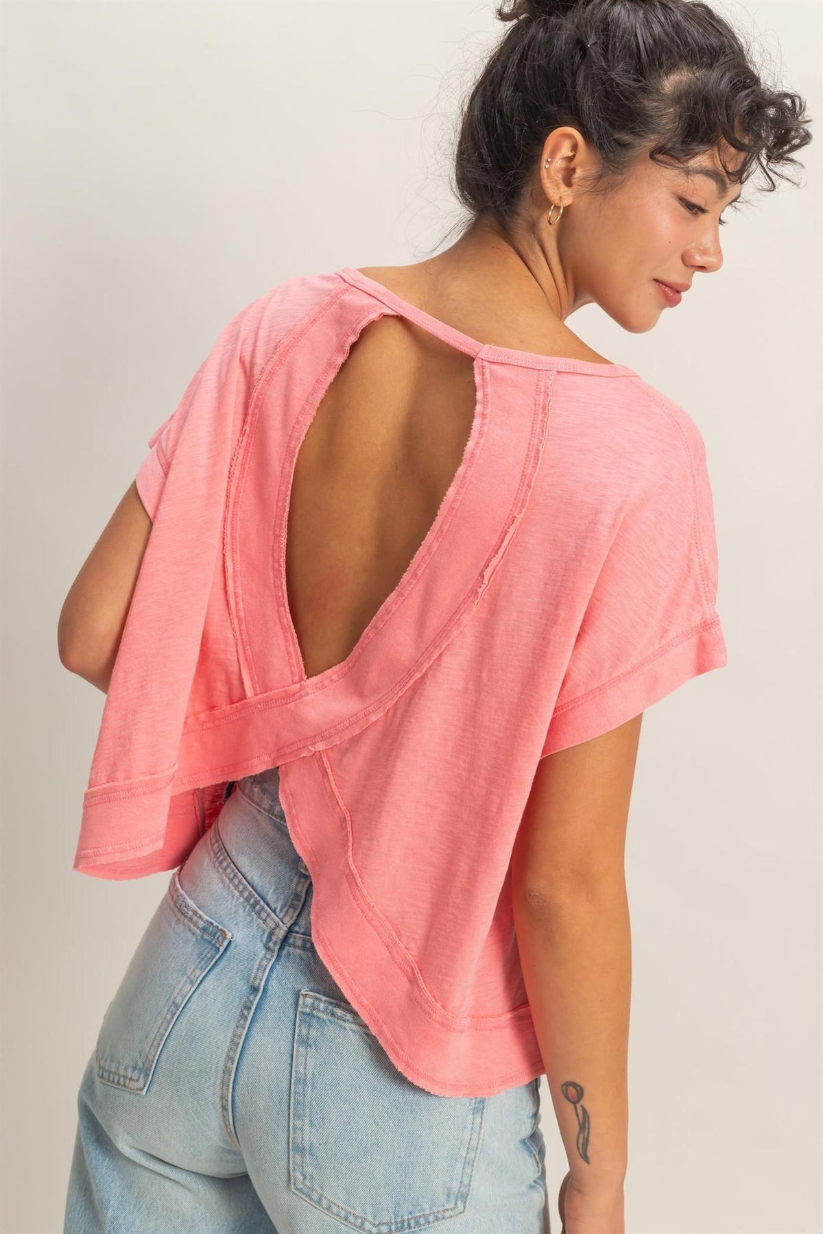 Acid Washed Cross Detail Open Back Top