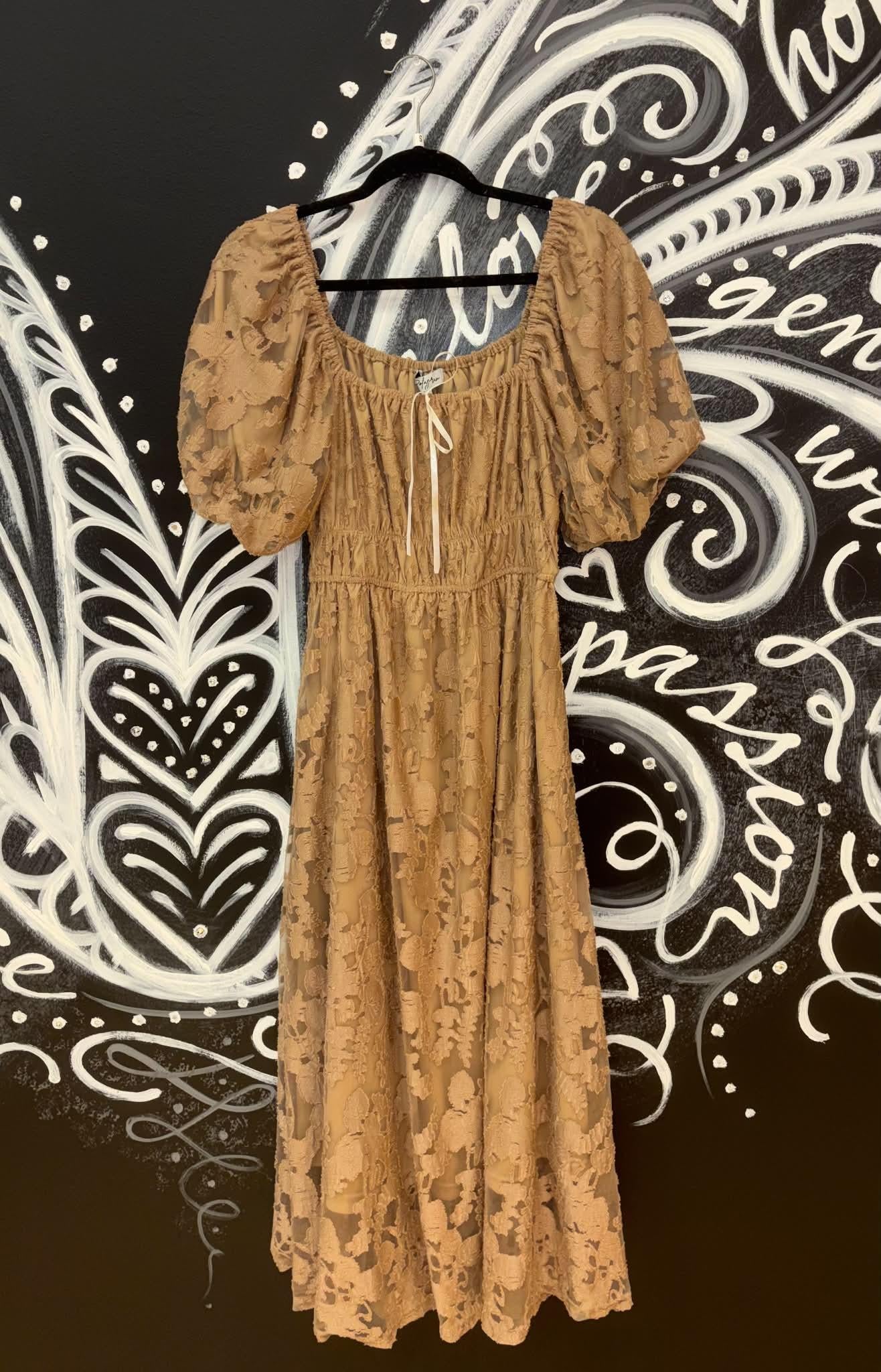 Mocha Lace Puff Sleeve Midi Dress