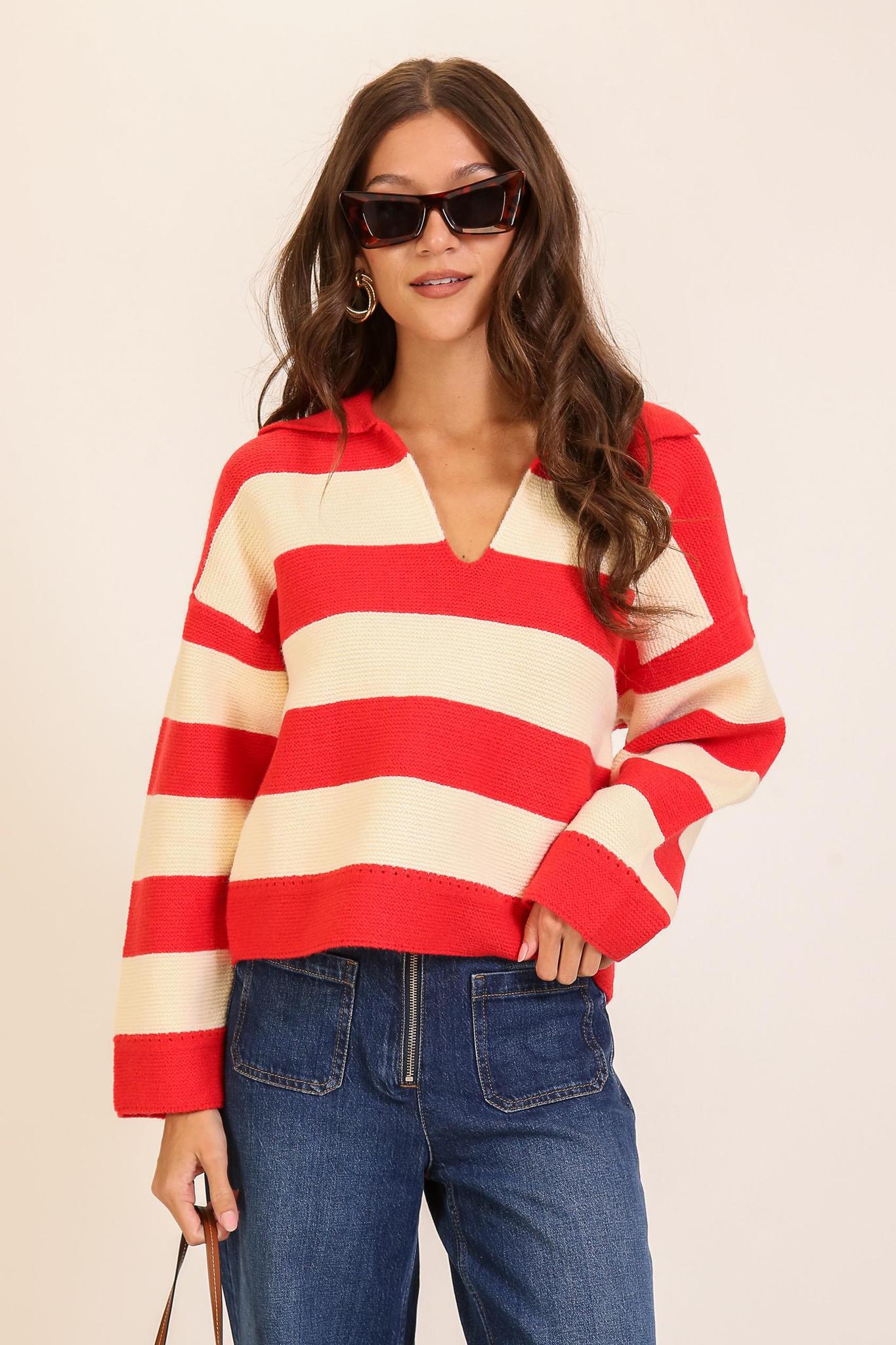 Red Striped V-neck Sweater with Collar