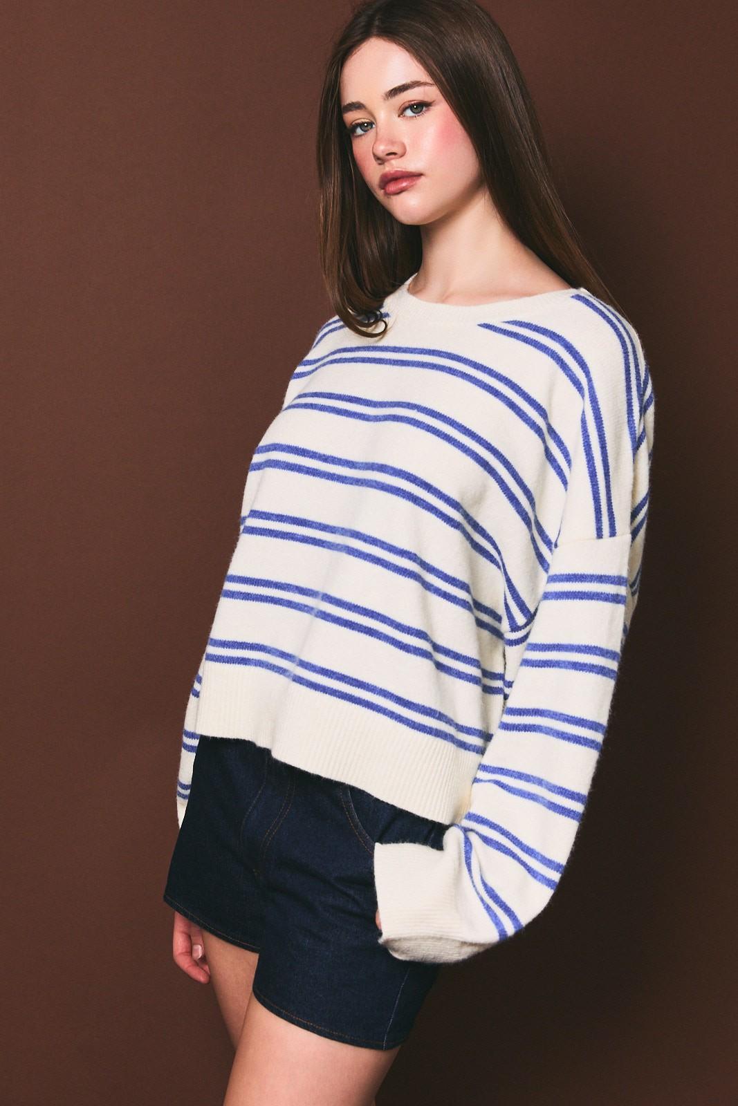 White/Blue Round Neck Stripe Knit Sweater Top