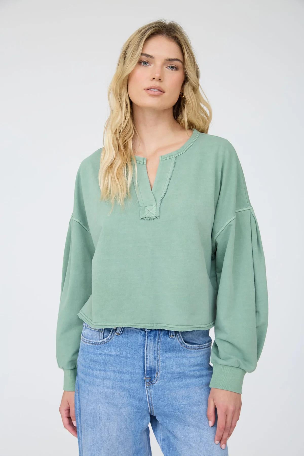 OLIVE NOTCH NECK BOXY LONG SLEEVE KNIT CROP TOP