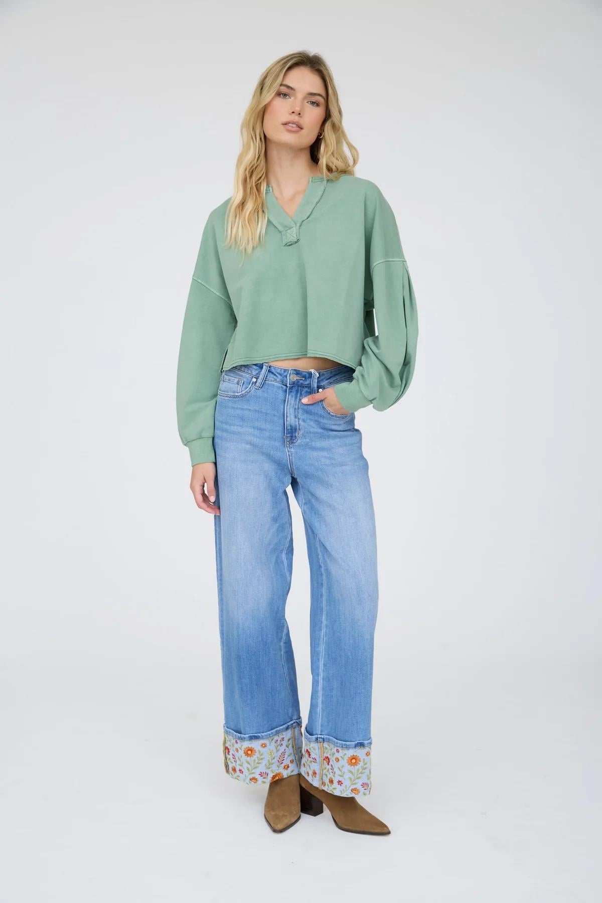 OLIVE NOTCH NECK BOXY LONG SLEEVE KNIT CROP TOP