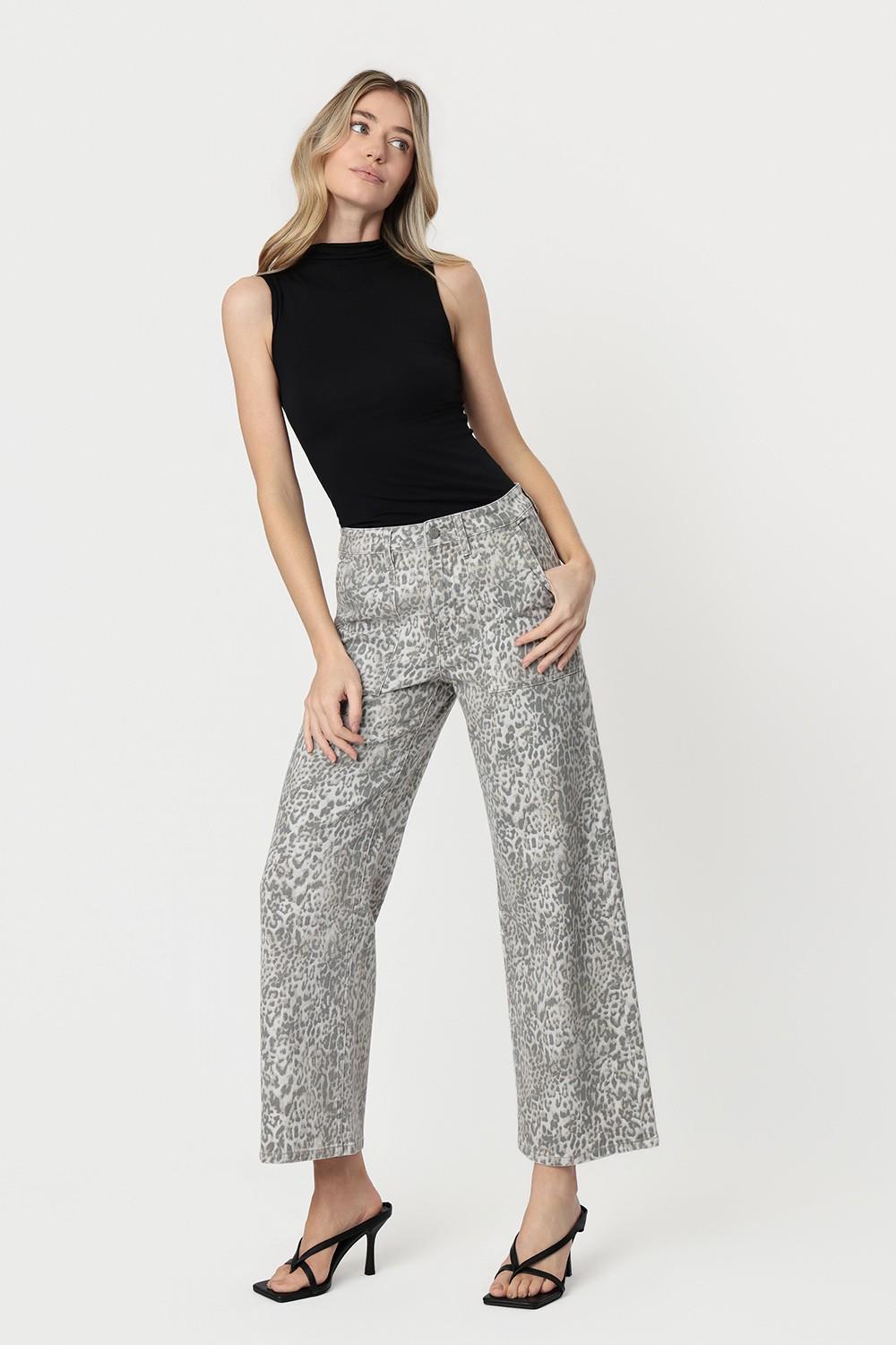 High Rise Patch Pocket Leopard Print Baggy Wide Jeans