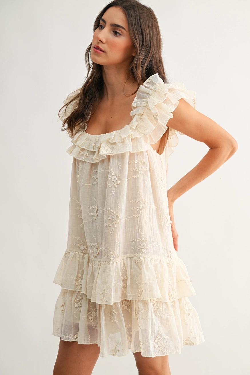 Ruffled Embroidered Tiered Dress in Cream