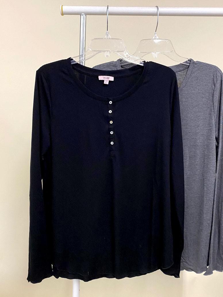 Black Ribbed Henley LS Top
