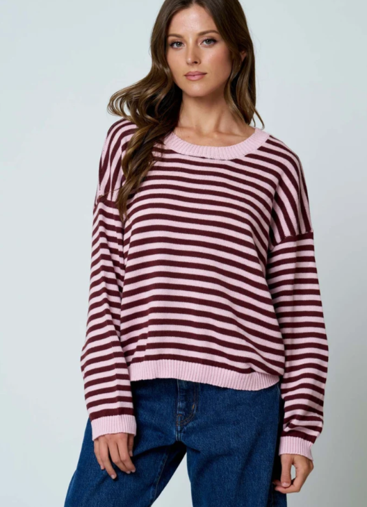 STRIPE RELAXED BACK BUTTON DETAIL KNIT SWEATER - LIGHT PINK