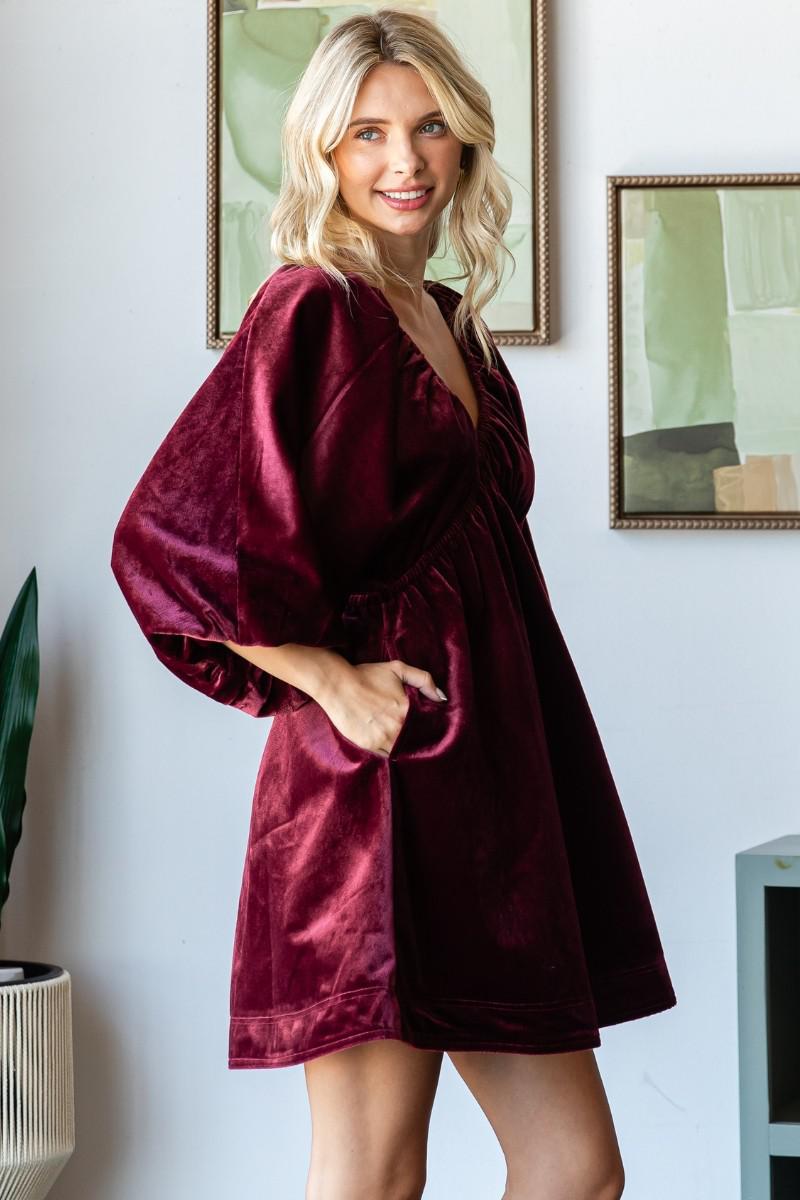 Velvet Puff Sleeve Deep V-neck Dress