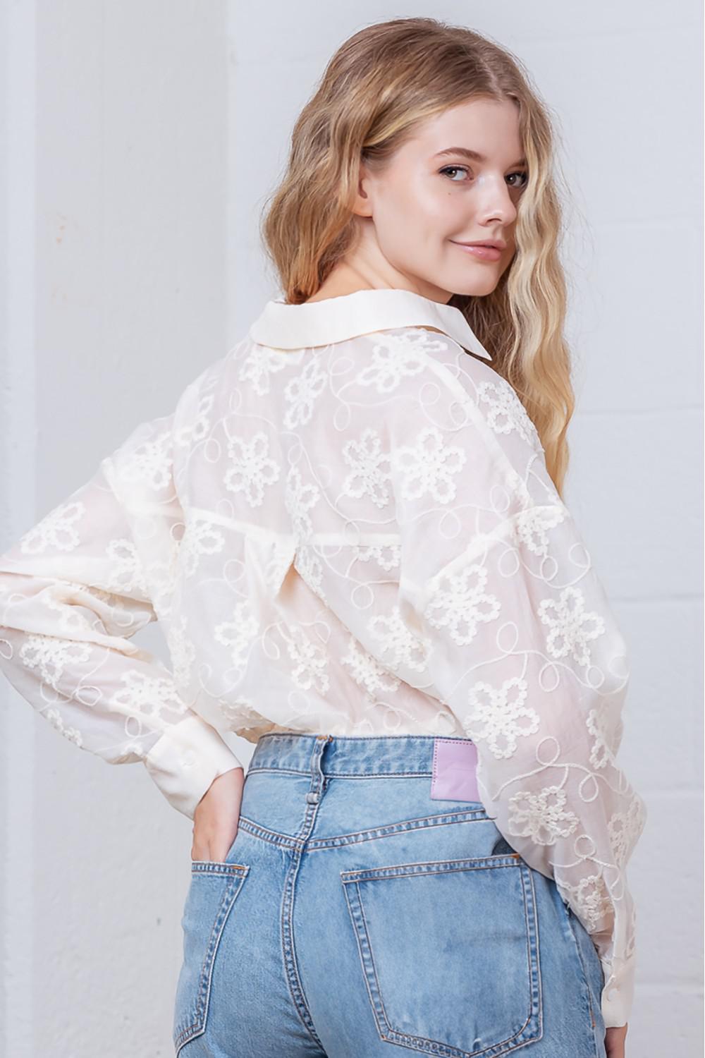 Cream Floral Embroidery Button Down Top