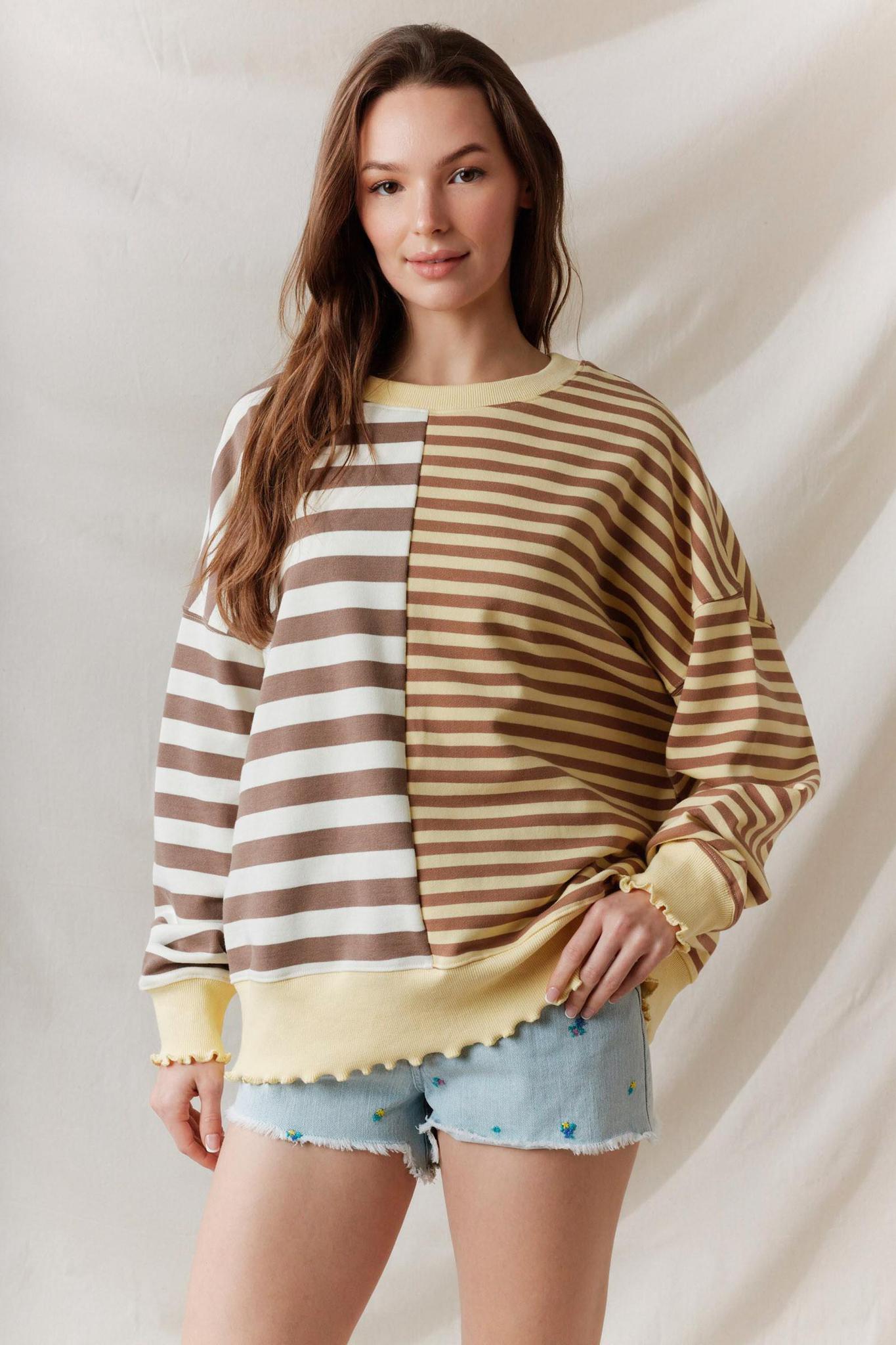 Striped Neck Lettuce Hem Detail Sweatshirts