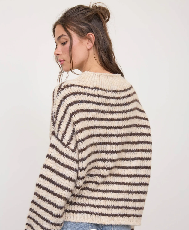 STRIPE ROLLED - EDGE DETAIL LONG SLEEVE KNIT SWEATER - Ivory