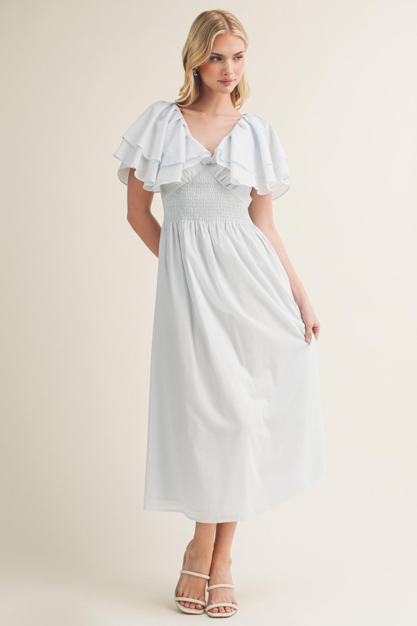 Mist Blue V-neck Ruffle-sleeve Midi Dress