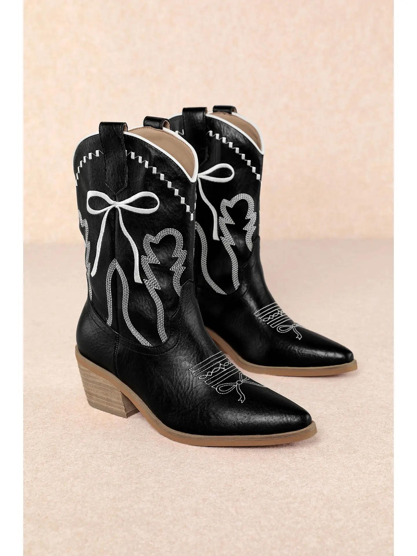 Zeta Bow-Embroidered Western Boot - Black
