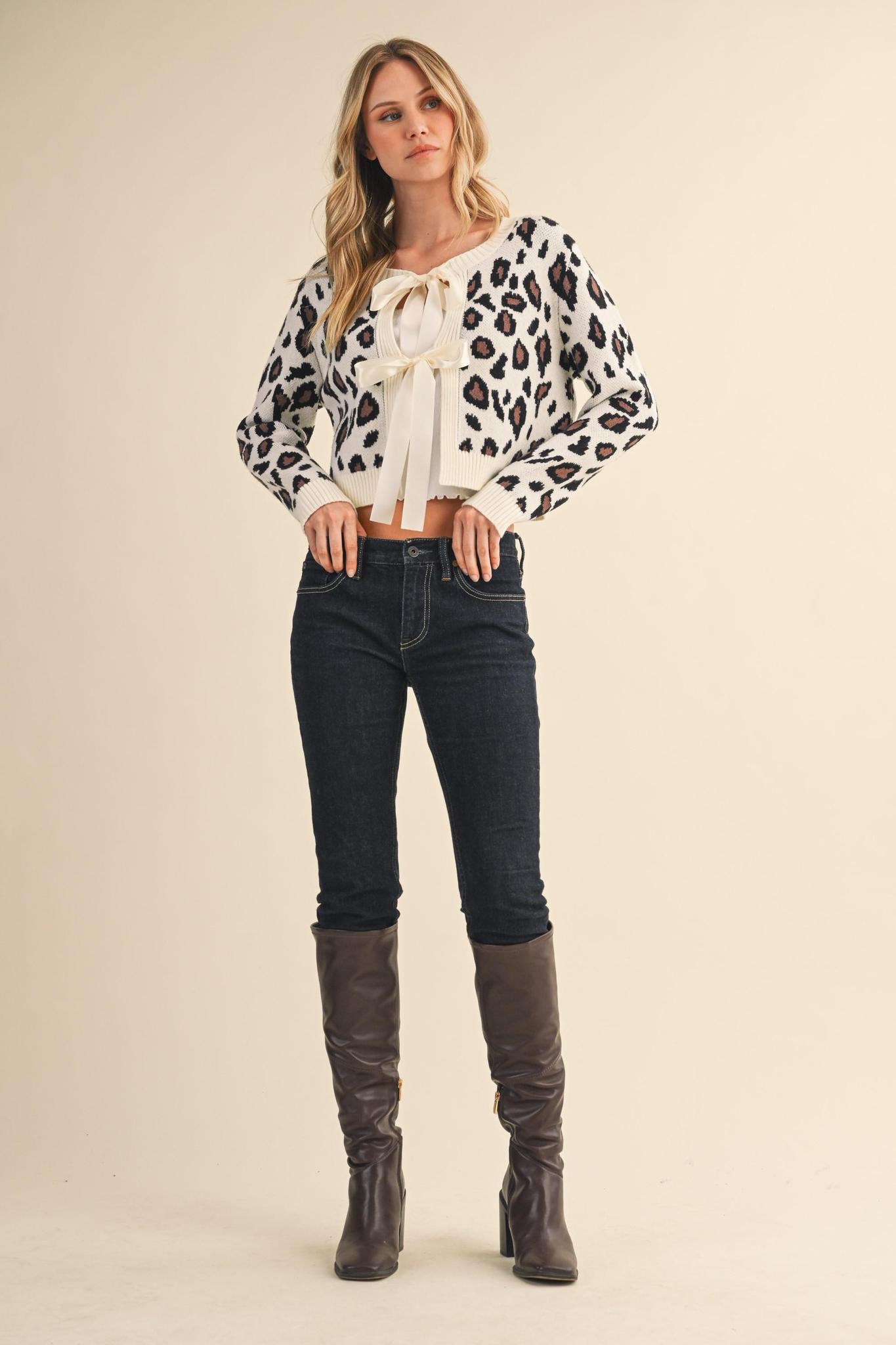 Leopard Sweater Cardigan With Front Bows