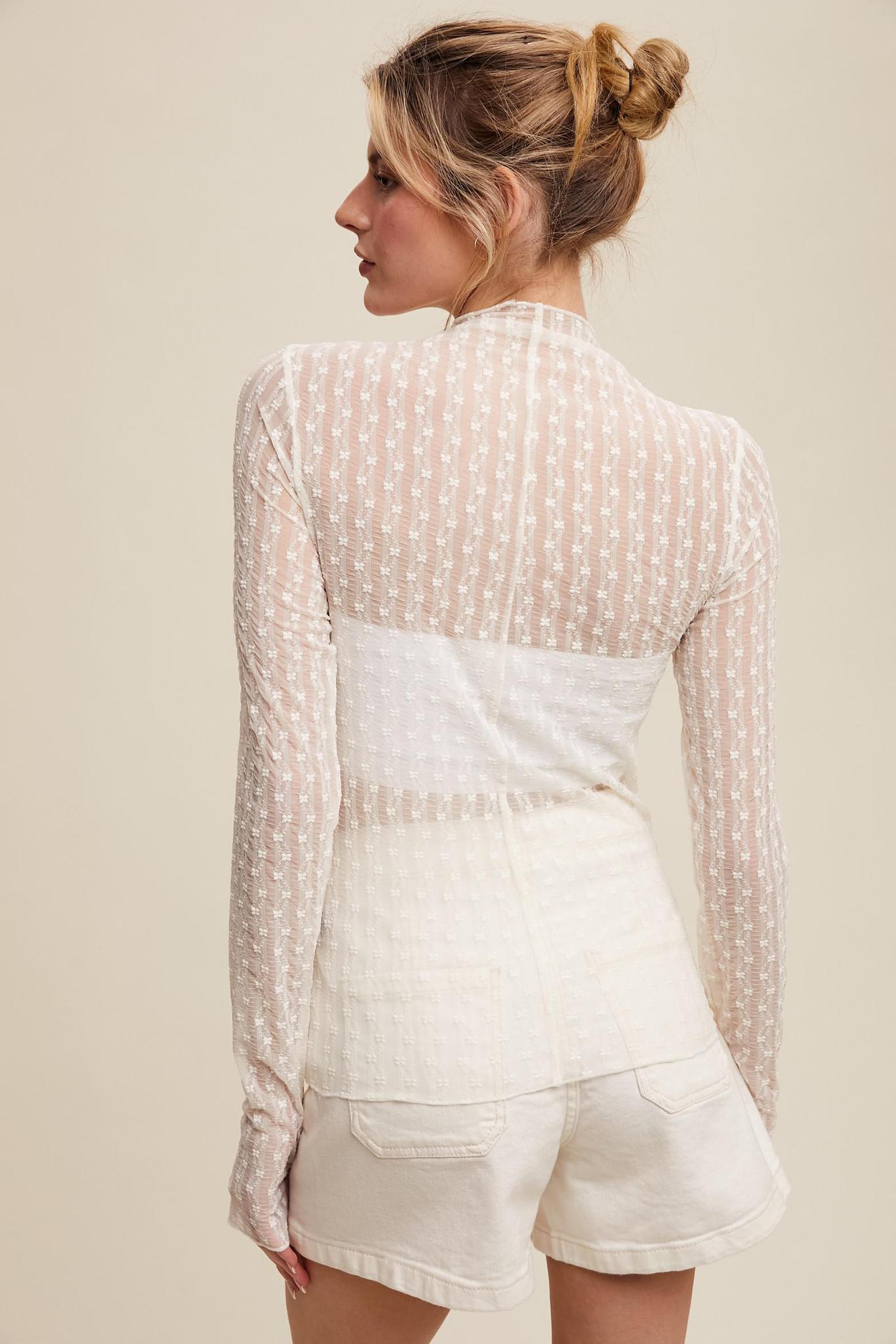 Sheer Textured Lace Long-sleeve Top