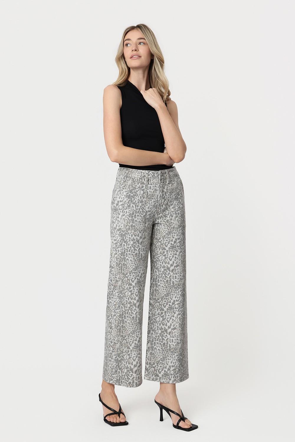 High Rise Patch Pocket Leopard Print Baggy Wide Jeans