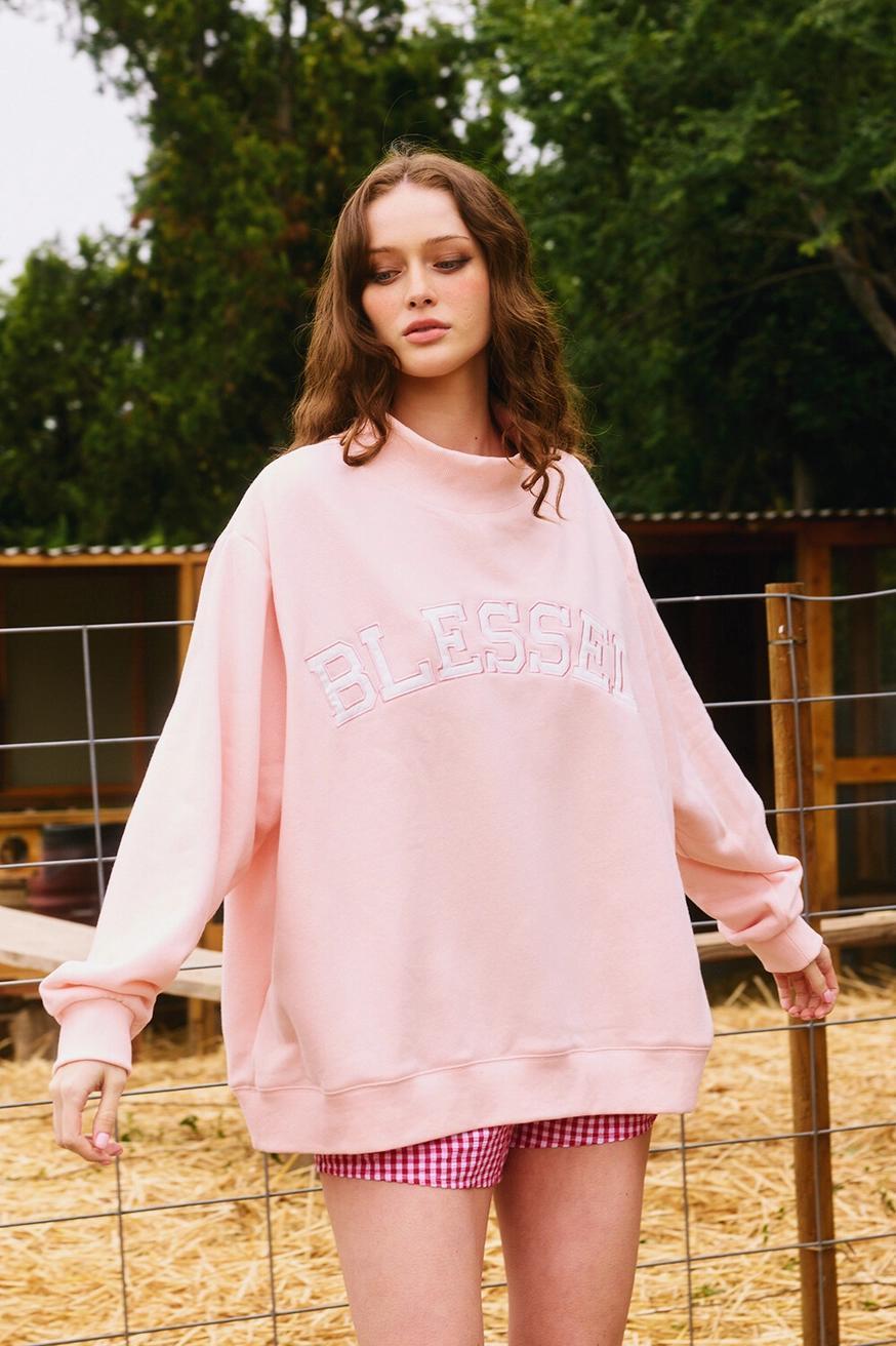 'Blessed' Embroidered Mock Neck Sweatshirt