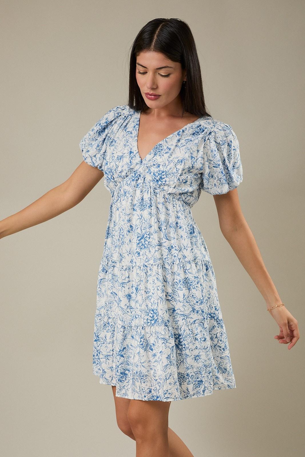 V-Neck Bubble Cut Out Back Floral Print Dress