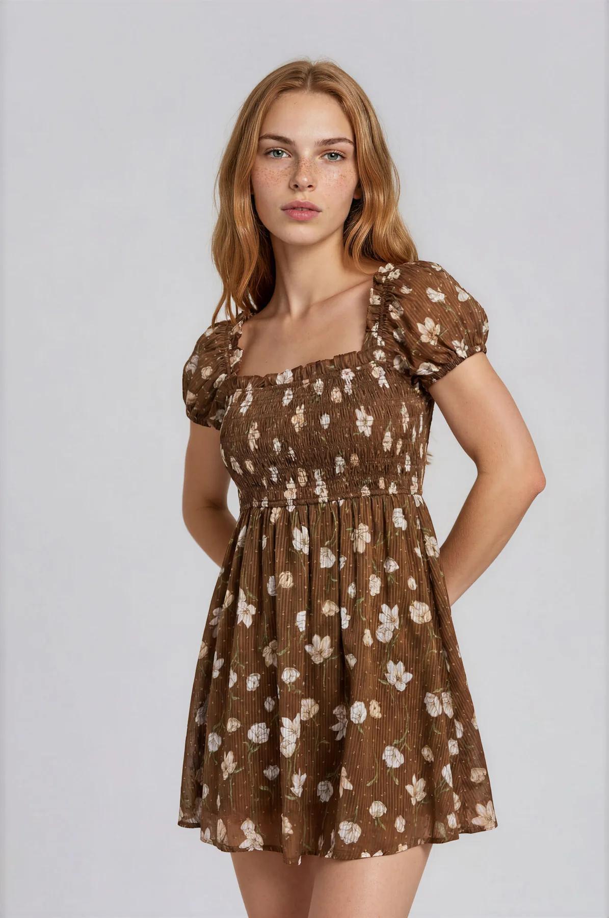 BROWN FLORAL SMOCKED SQUARE NECK PUFF SLEEVE MINI DRESS