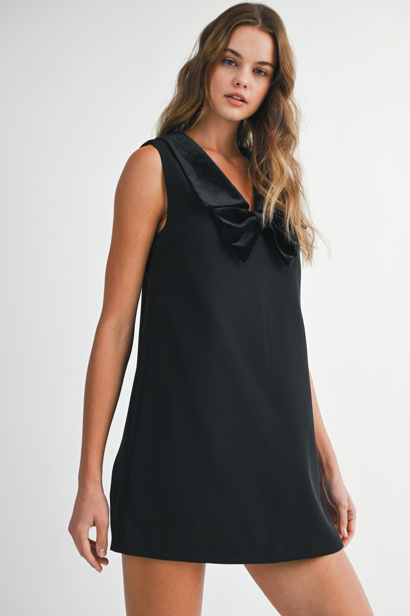 Solid Sleeveless Velvet Collar Bow Mini Dress