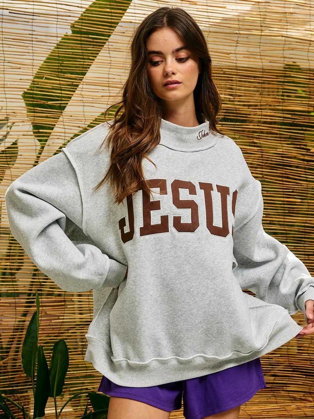 'Jesus' Heather Grey Embroidered Mock Neck Sweatshirt