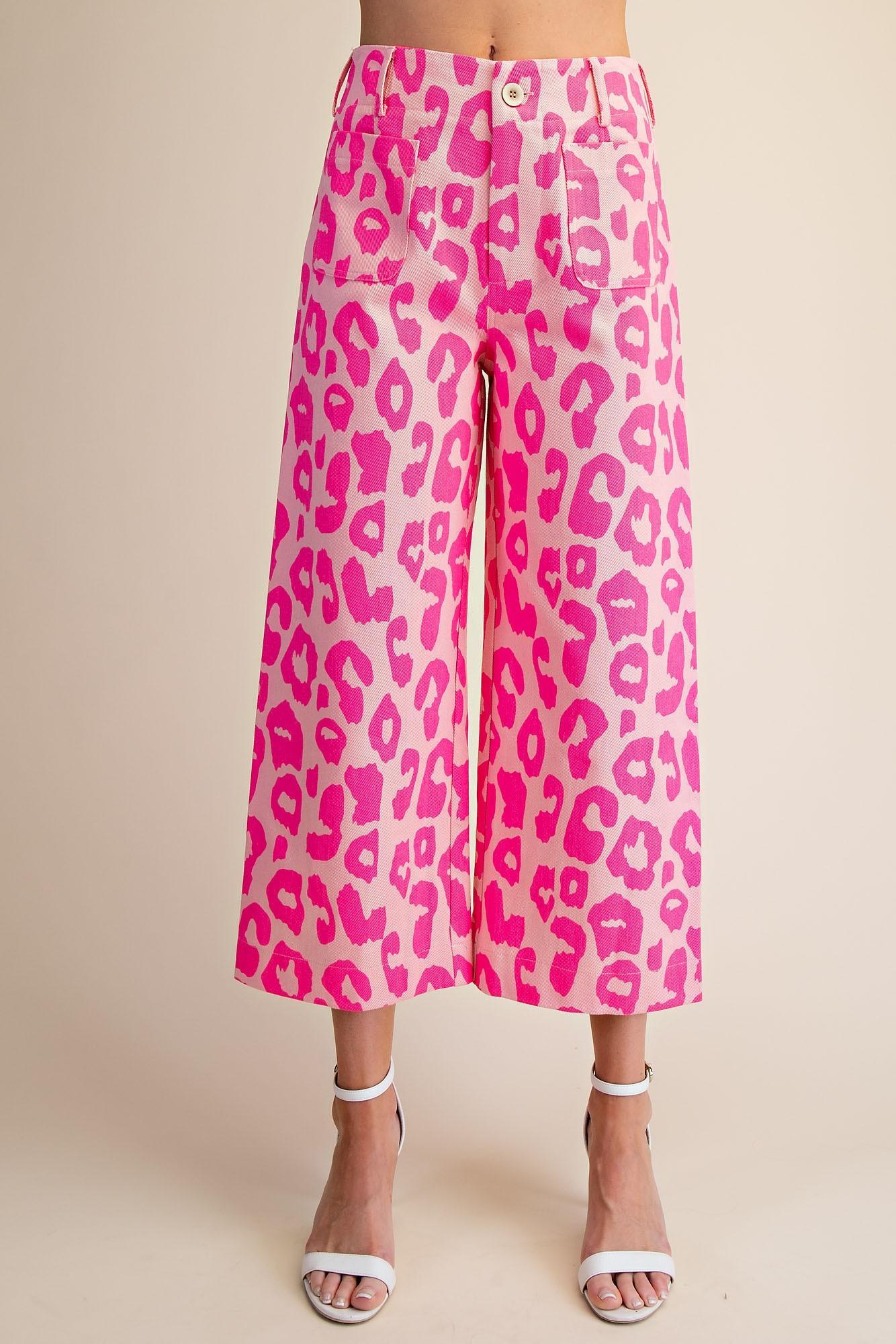 Pink Leopard Pants Colette Cropped Wide-Leg