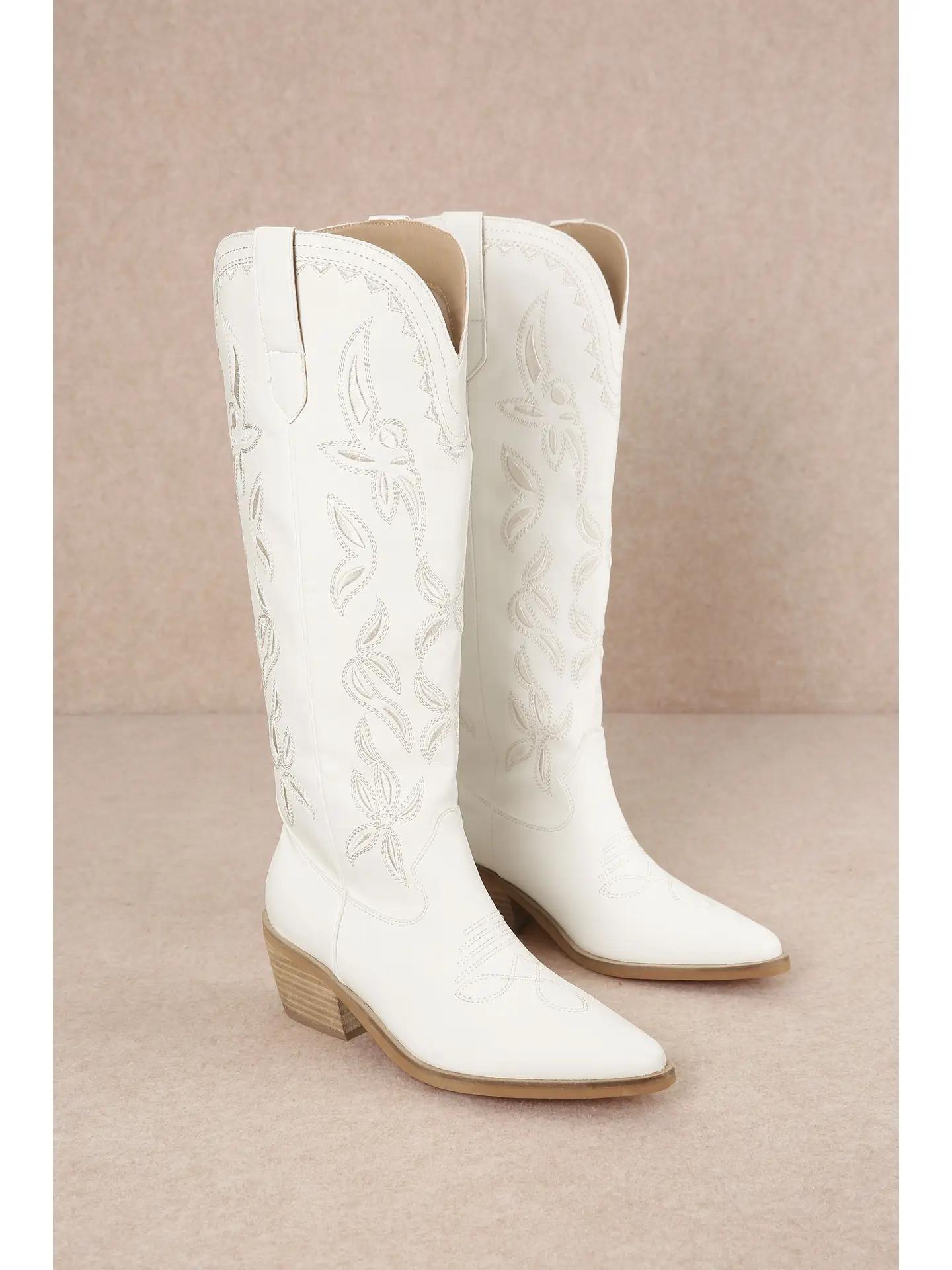 ENORA Samara Stitch Western Tall Boots - White