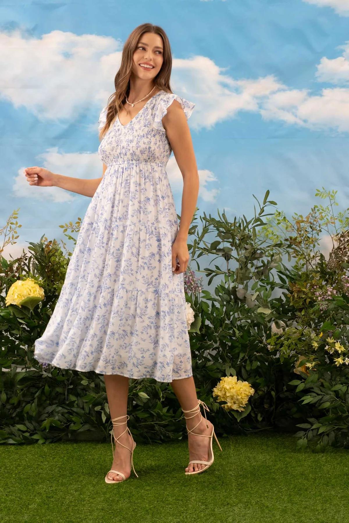 Floral Smocked Short Sleeve Midi Dress