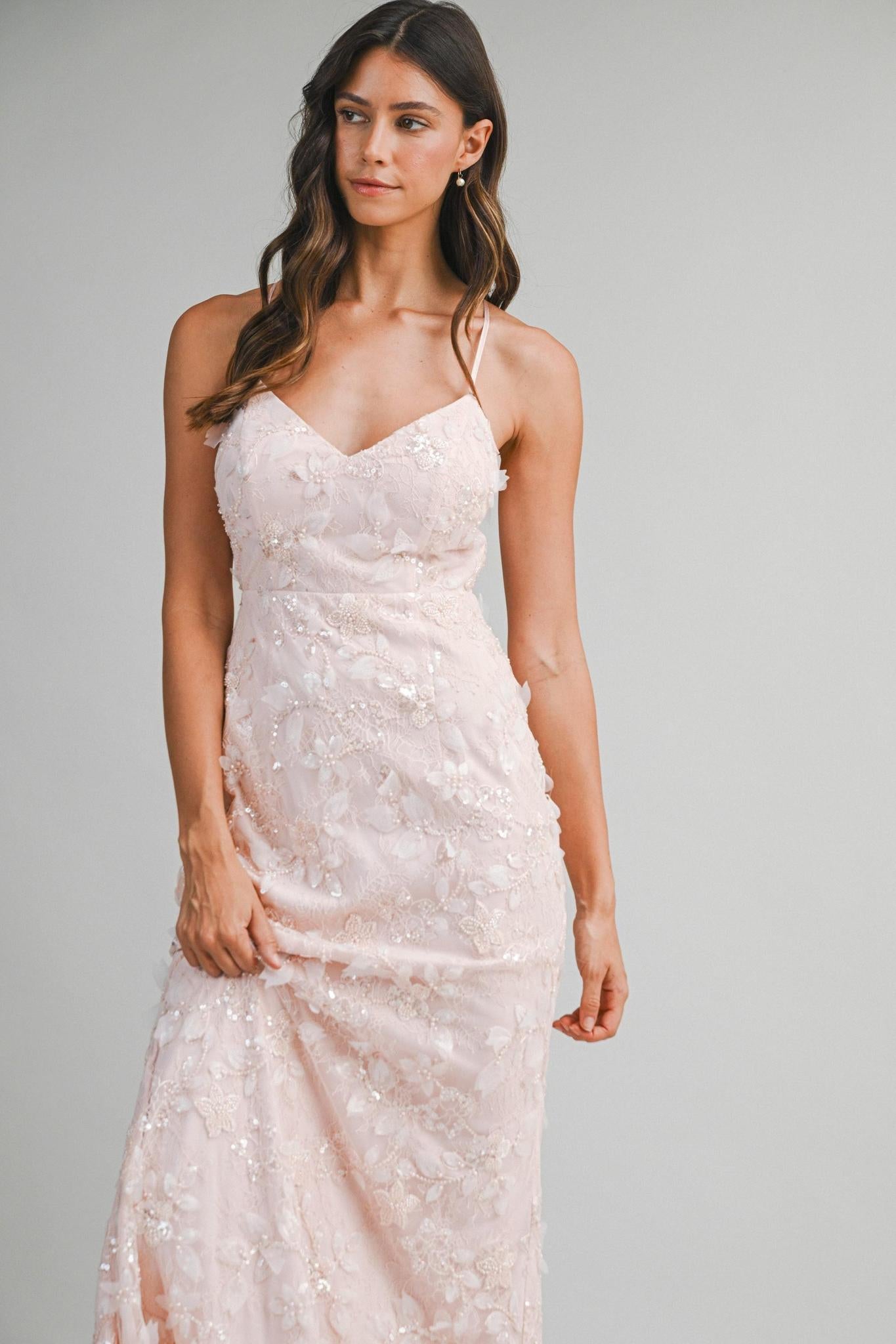 Embellished Lace Floral Applique Maxi Dress