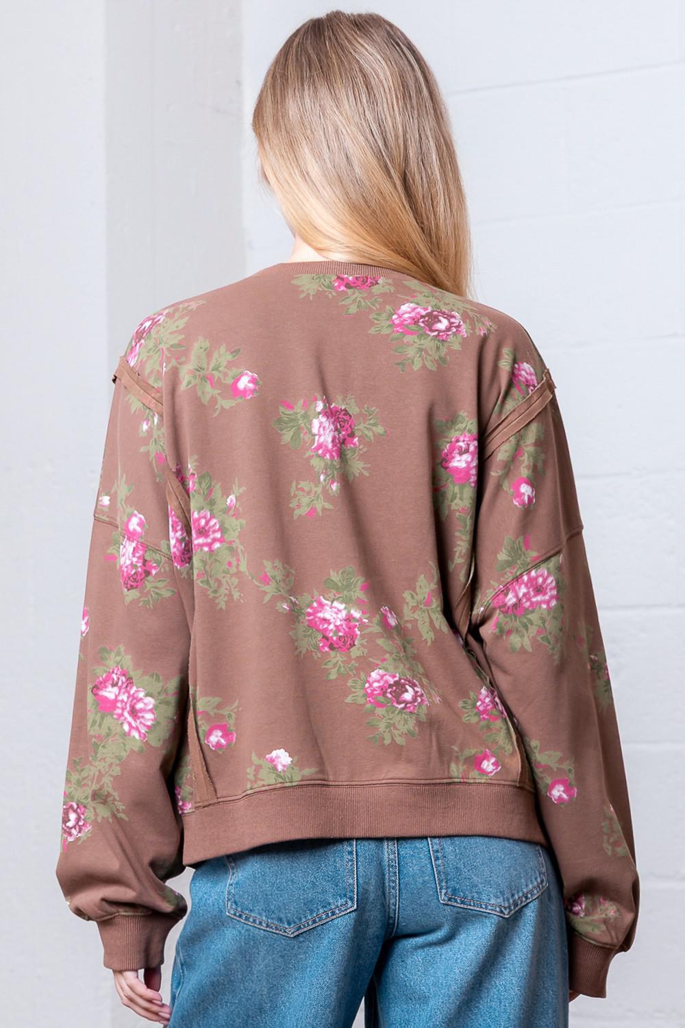 Chestnut Boat Neck Flower Printed Sweatshirt