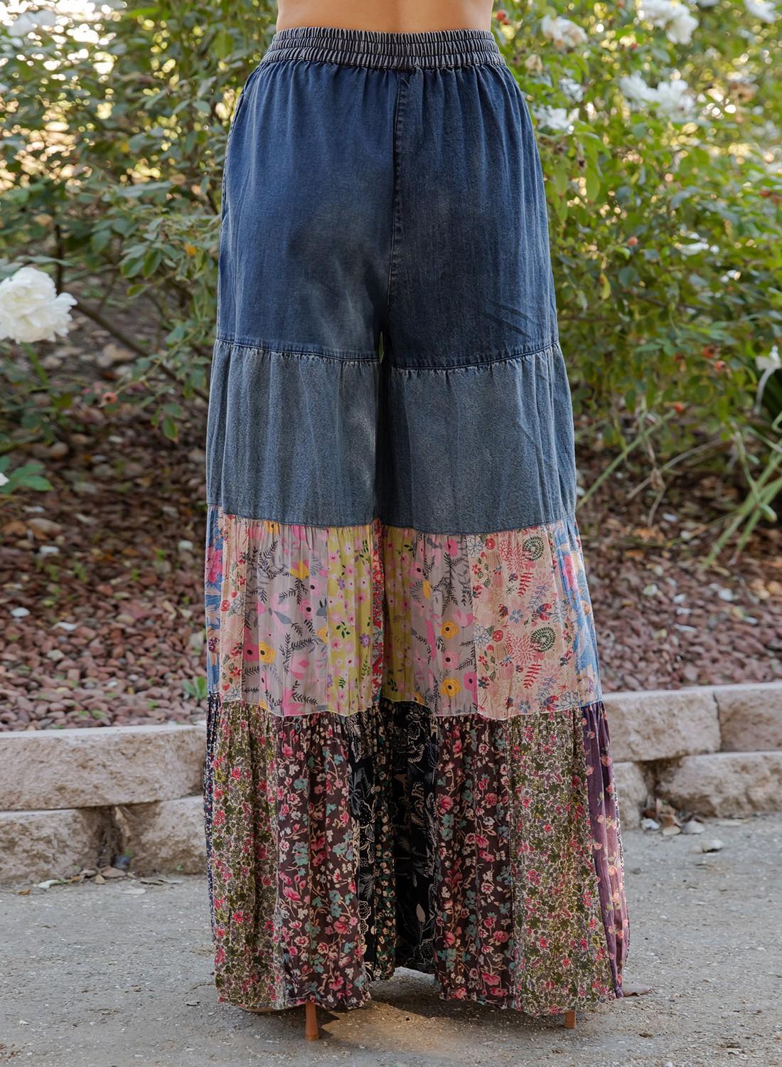 Artisan Flax 4-tier Denim Patchwork Wide Leg Pants