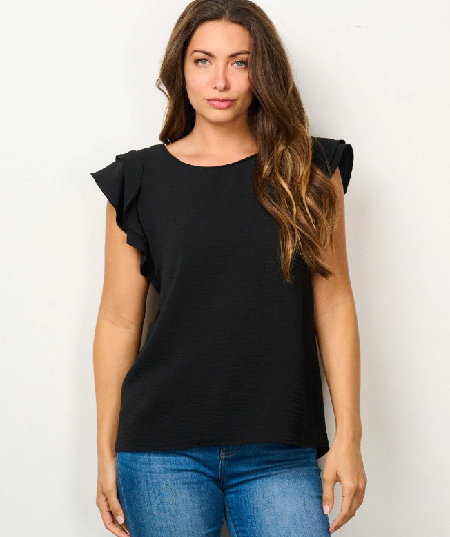 Black Solid Ruffle Top