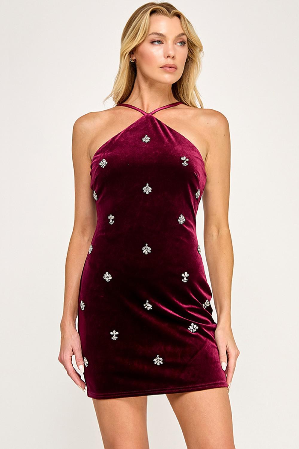 VELVET HALTER NECKLINE RHINESTONE MINI DRESS