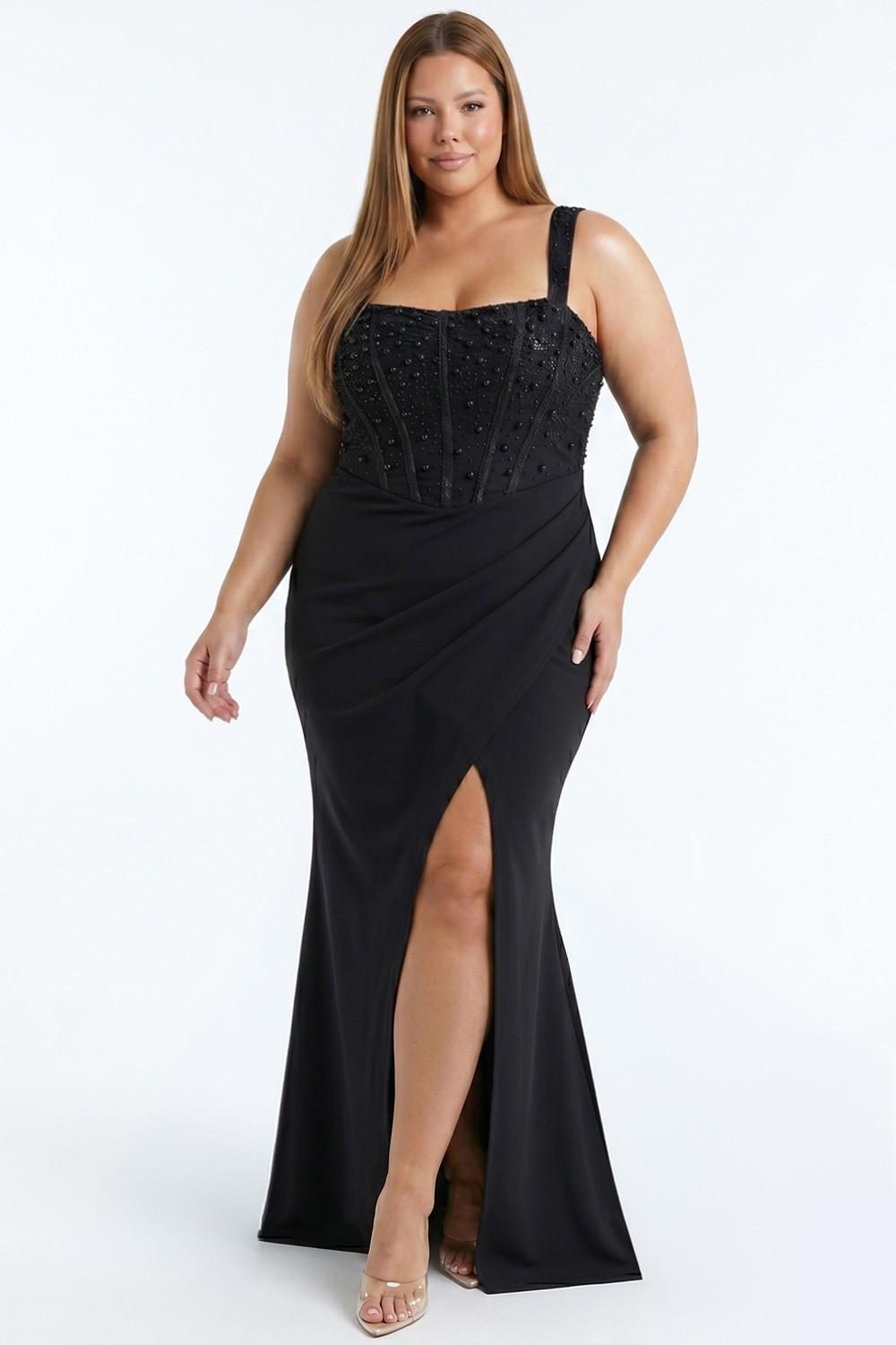Black Embellished Corset Plus Size Maxi Dress