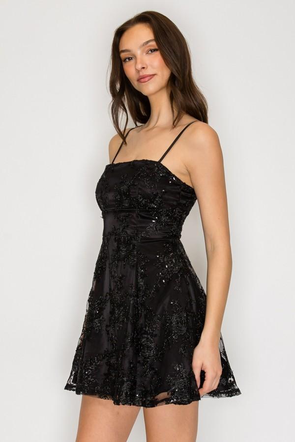 Black Floral Sequin Fit & Flare Mini Dress