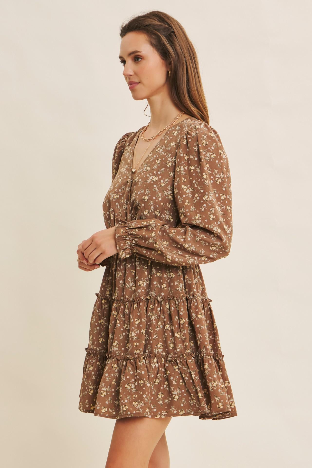 Mocha Romantic Floral Wrap Mini Dress with Ruffles