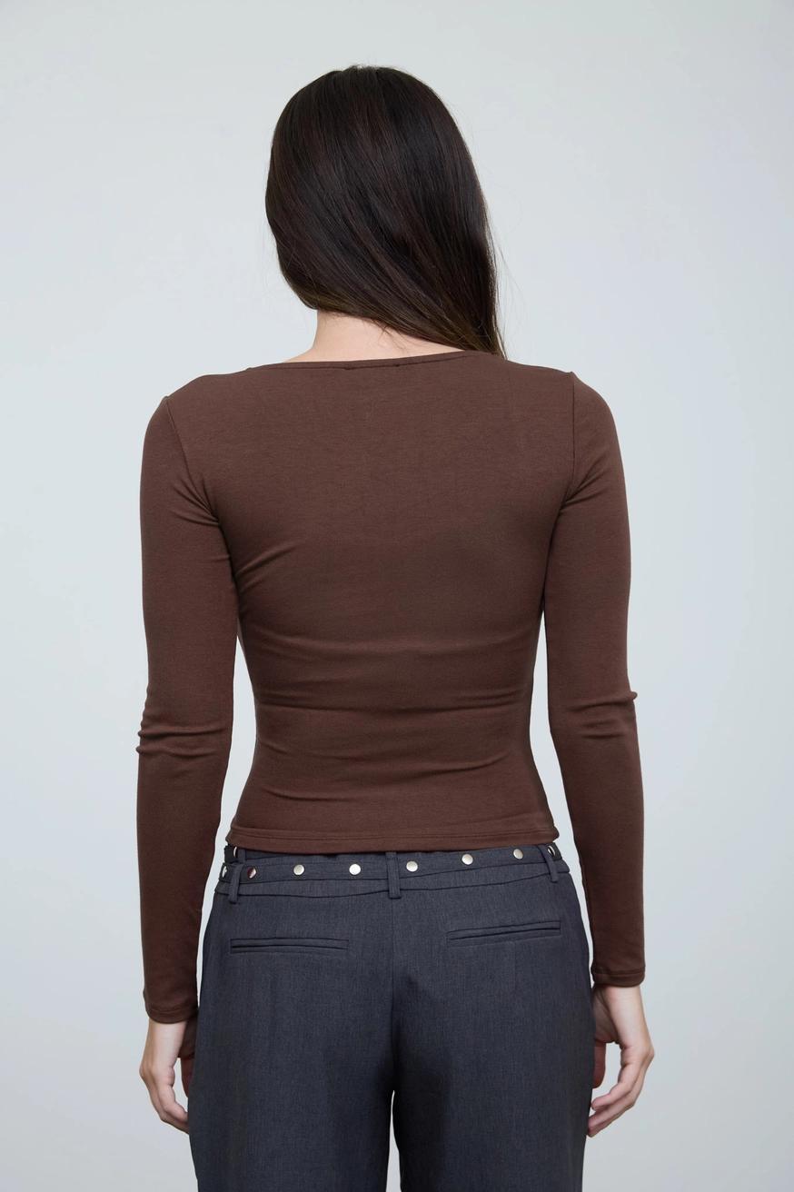 Ruched Sweetheart Square Neck Long Sleeve Knit Top