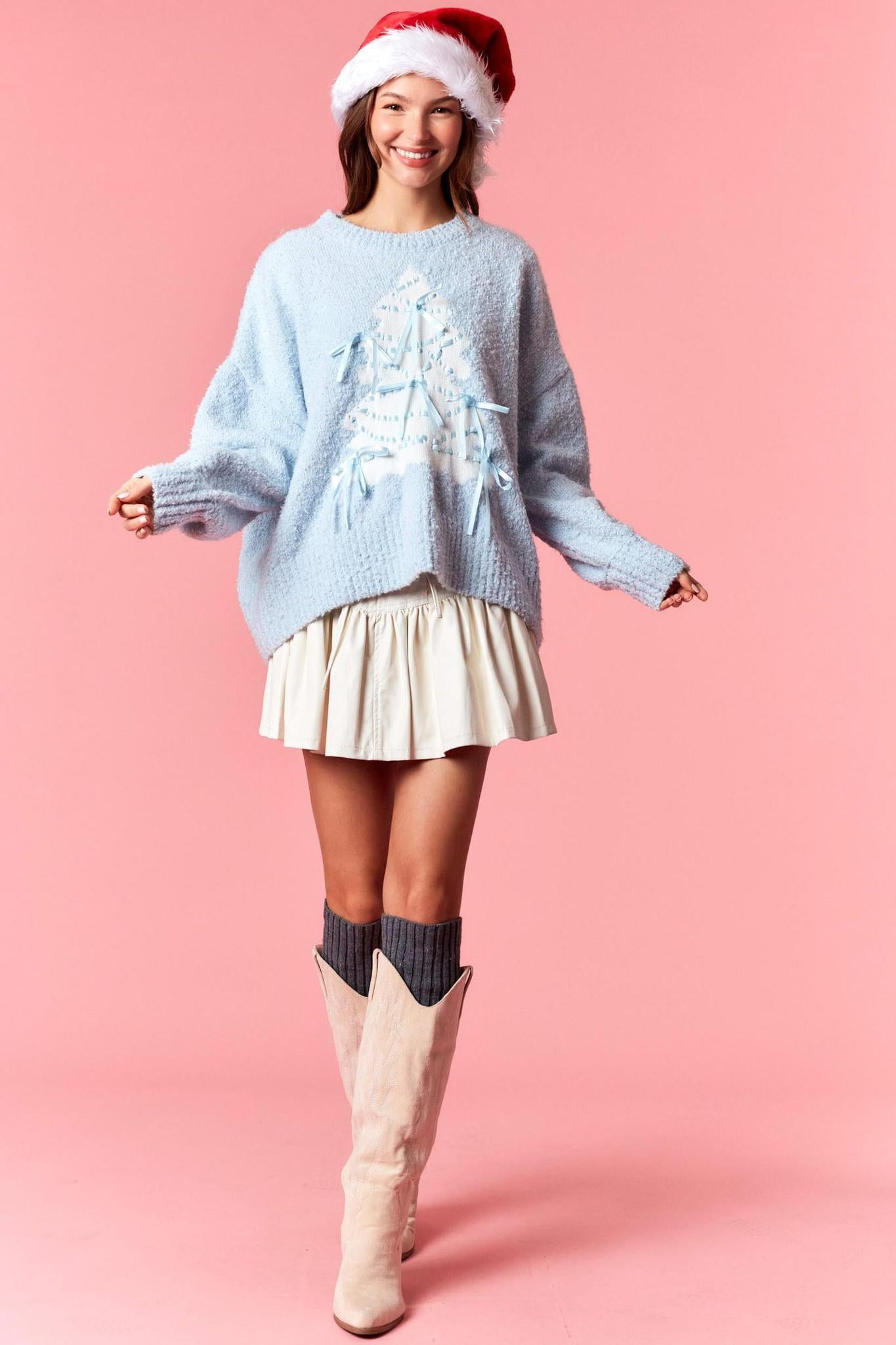 Christmas Tree Sweater W/ Satin Bow Detail