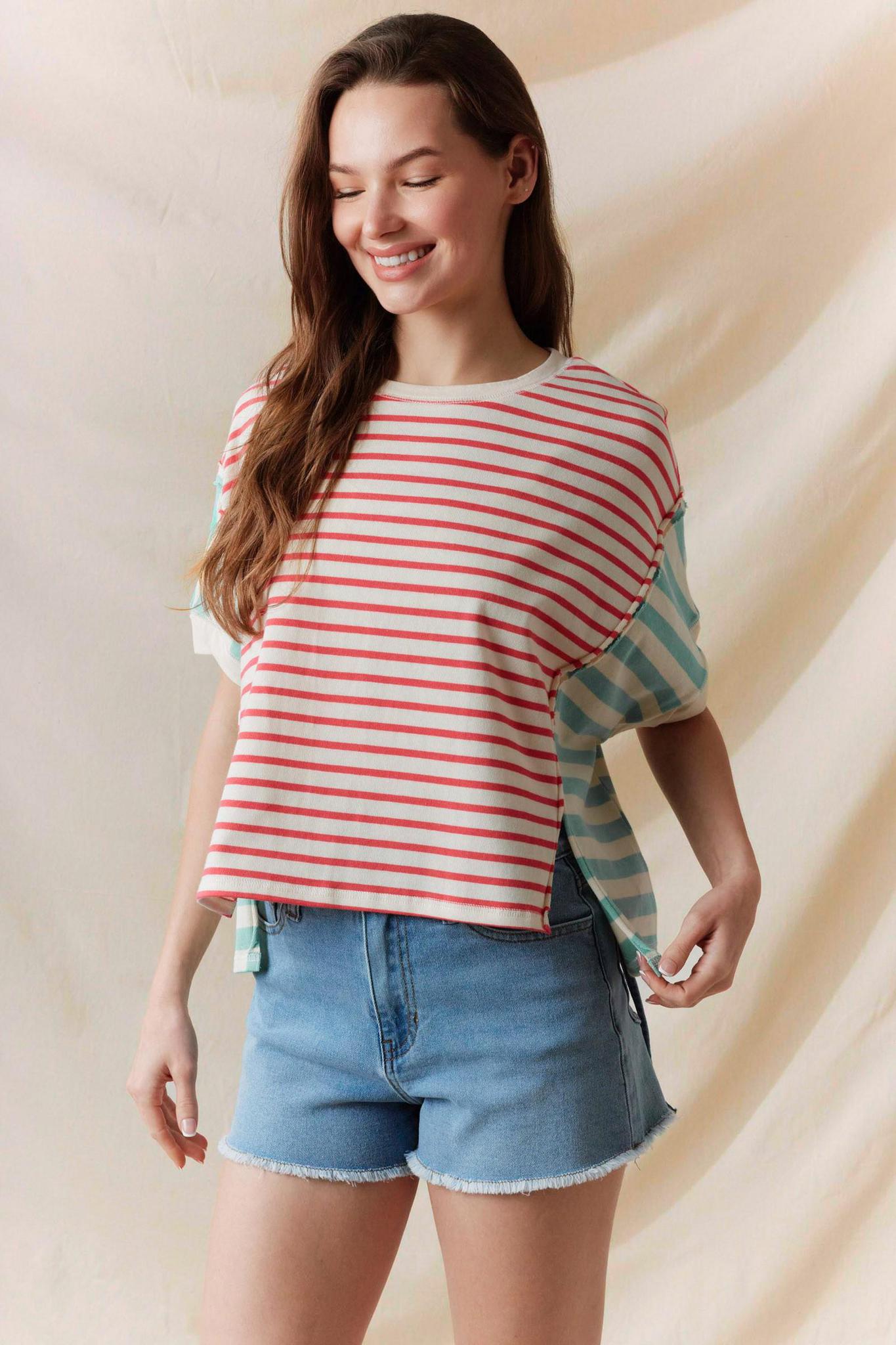 Coral/Mint Stripe Color Block Tee