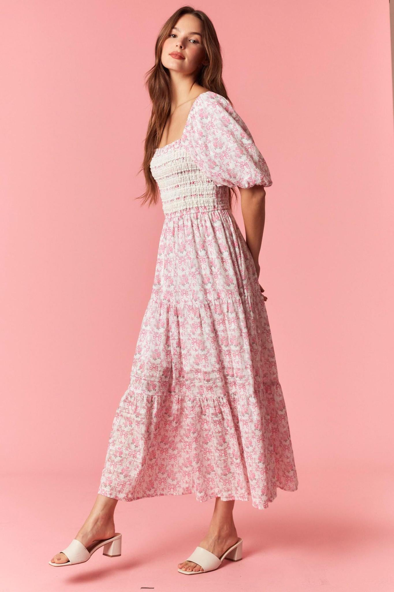 Smocked Lace Trim Printed Cotton Maxi Dress