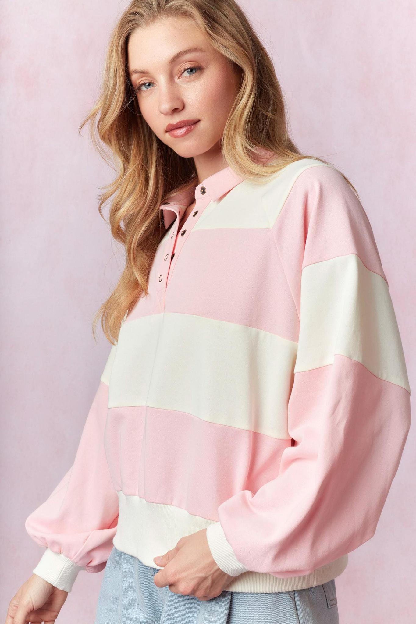 Pink/ivory Striped Snap Button Pullover
