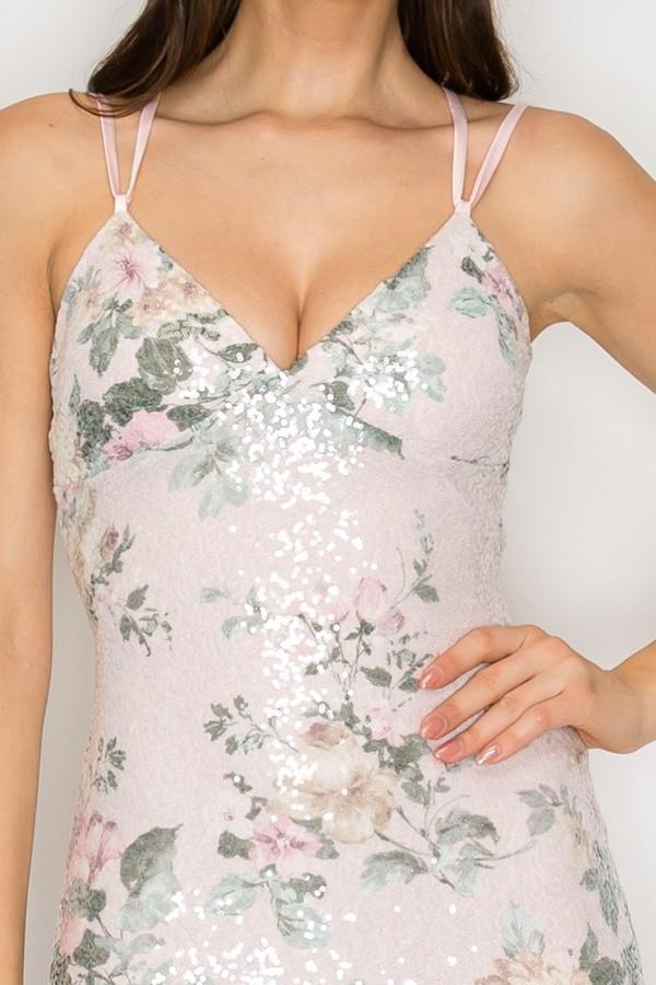 Blush Floral Sequin Crossed Back Mini Dress