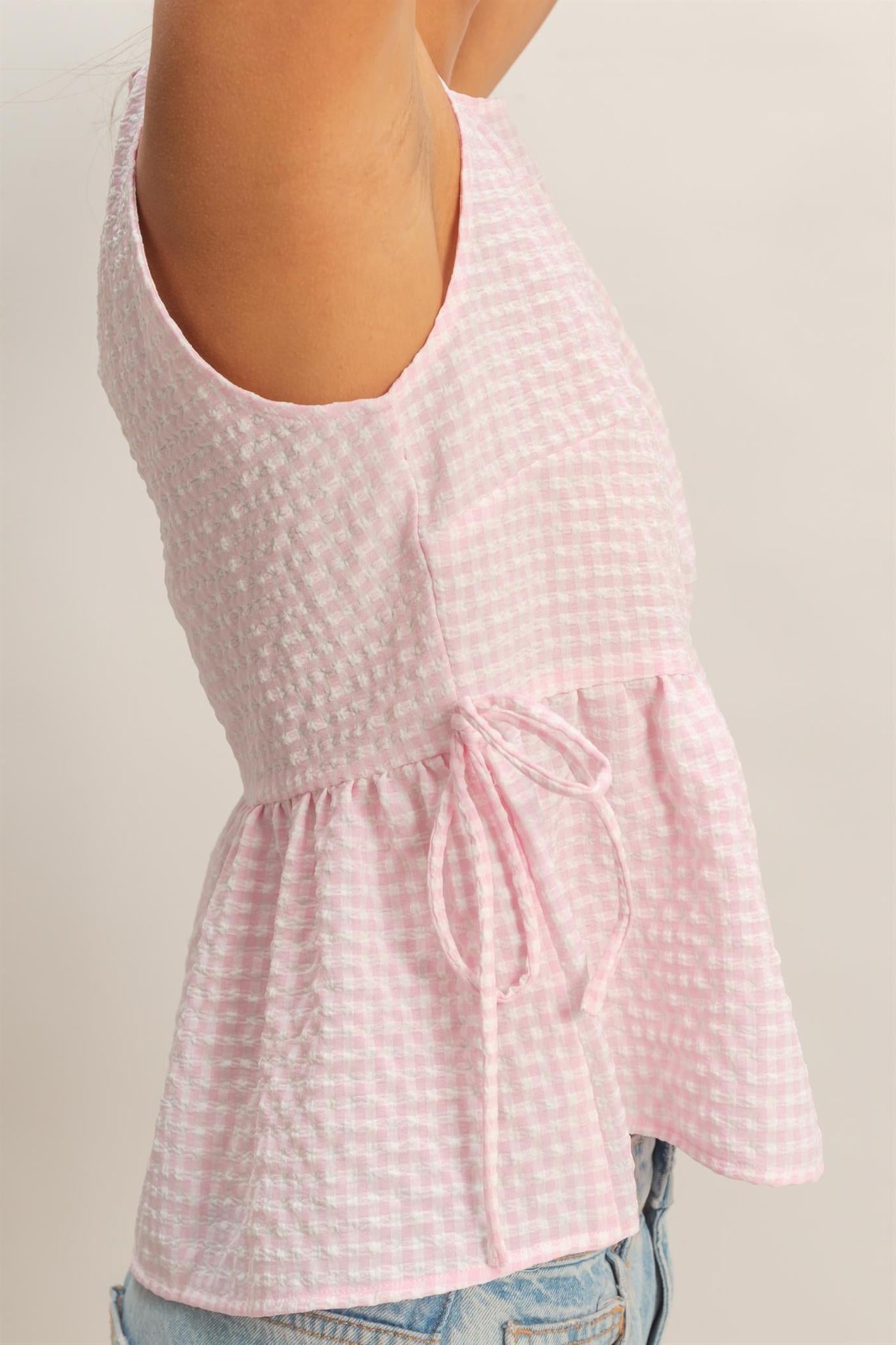 Pink Gingham Sleeveless Peplum Top with Side Ties