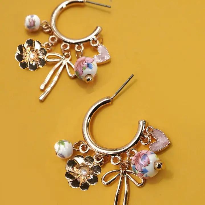 Ceramic Porcelain Bow Flower Charm Drop Hoop Earrings