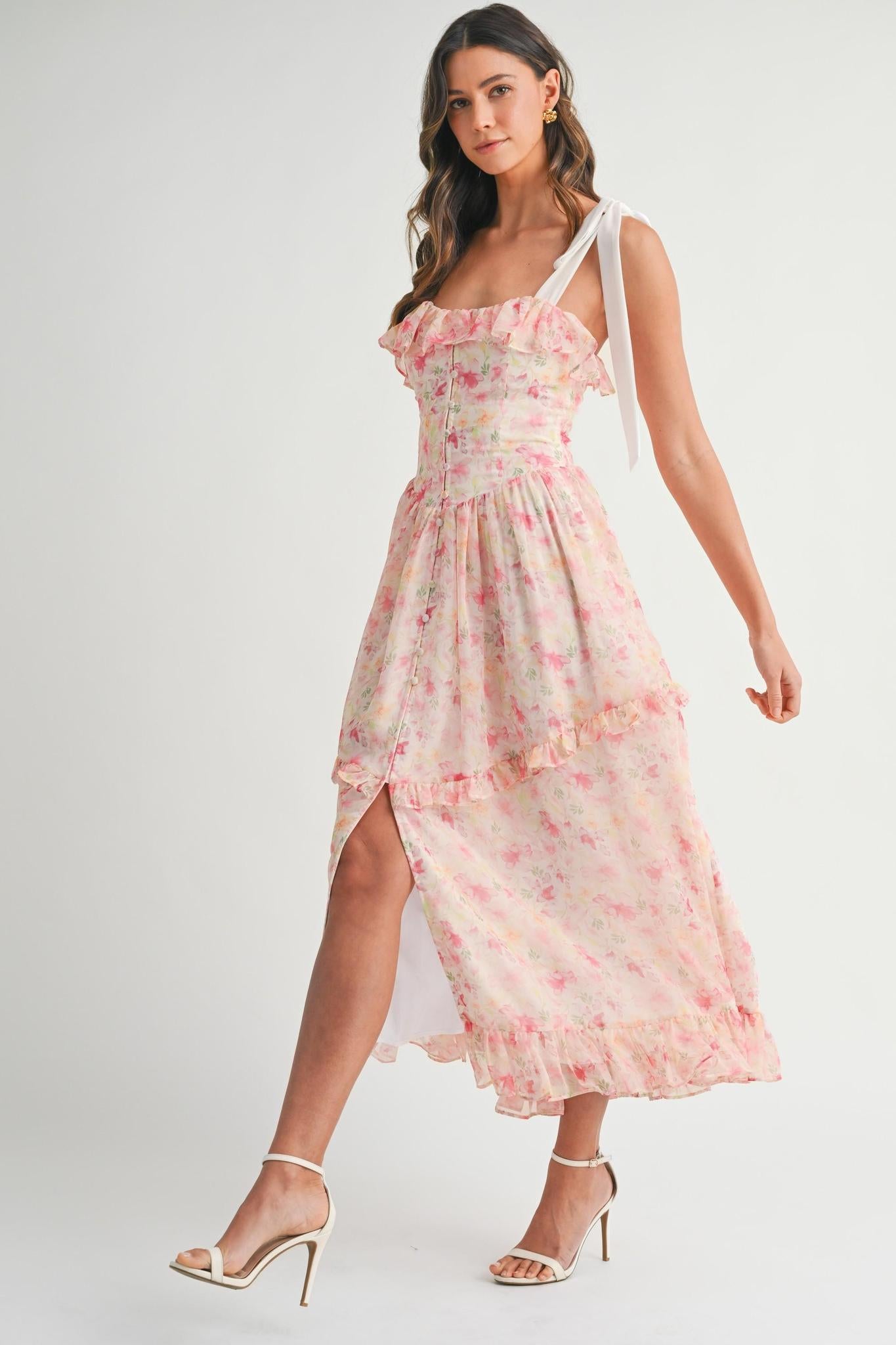Pink Floral Printed Shoulder Strap Midi Dress