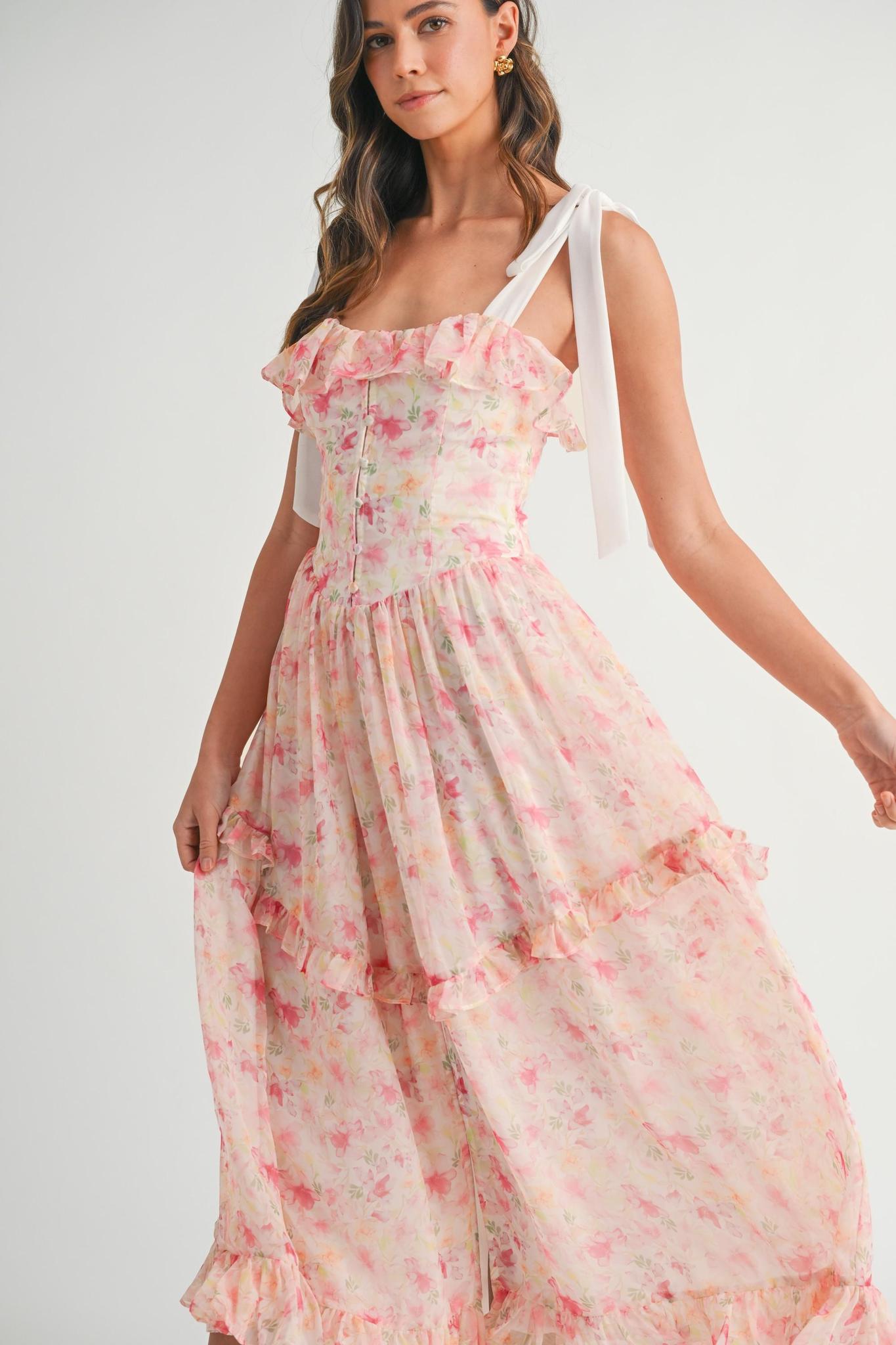 Pink Floral Printed Shoulder Strap Midi Dress
