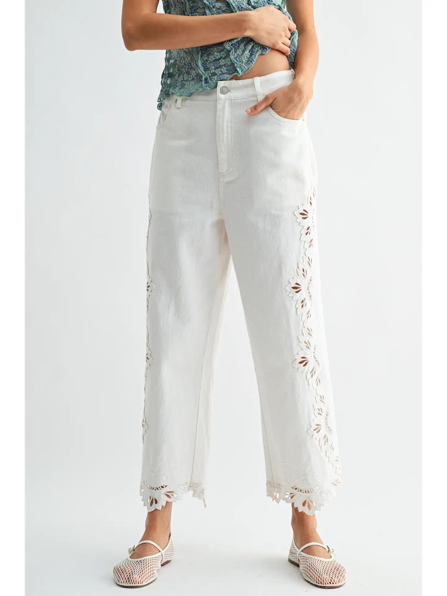 Cropped Pants Intricate Eyelet Embroidery