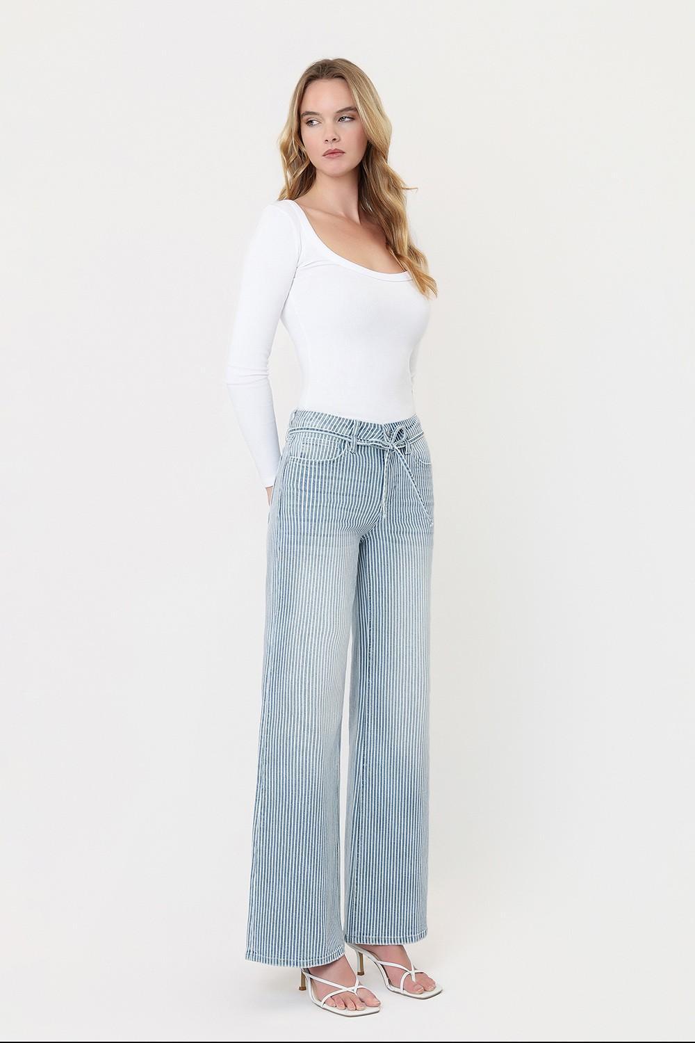 High Rise Waist Tie Striped Wide Leg Jeans